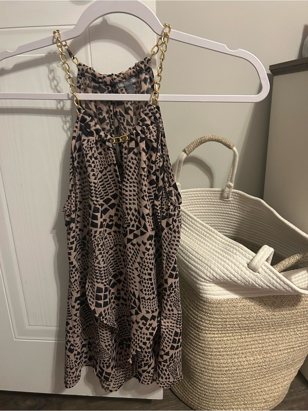 Charlotte Russe Taupe and Black Printed Halter Camisole with Gold Chain Straps